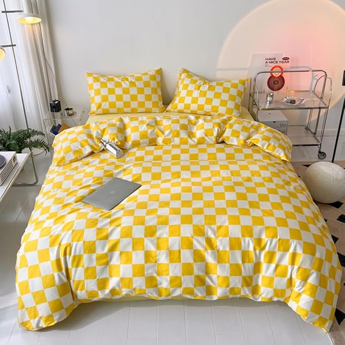 CLOTHKNOW Yellow Plaid King Size Comforter Set 3Pcs Yellow White Bedding Comforter Sets Grid Comforter King Light Yellow Comforter Sets King