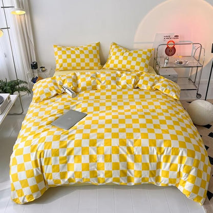CLOTHKNOW Yellow Plaid King Size Comforter Set 3Pcs Yellow White Bedding Comforter Sets Grid Comforter King Light Yellow Comforter Sets King