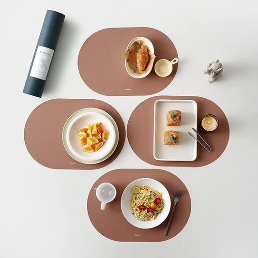 Clay Pink Oval Silicone Placemats Set of 4 – Heat Resistant, Waterproof, Easy to Clean Non-Slip Modern Dining Table Mats – Premium Leather Textured Japandi Kitchen Decor