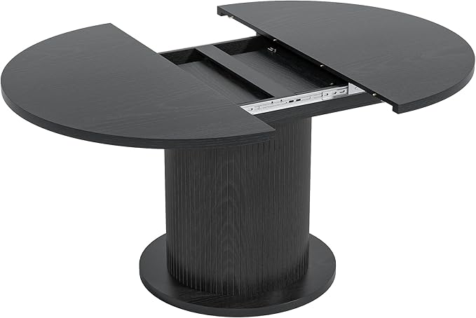 59 inch Round Dining Table for 6, Modern Farmhouse Kitchen Table, Circle Dining Tables with Wood Strip Base for Kitchen Living Room (Big Adjustable Black)