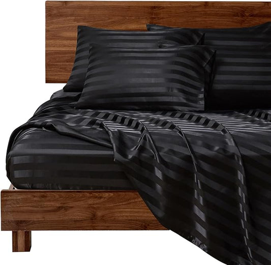 MR&HM Satin Bed Sheets, King Size Sheets Set, 6 Pcs Silky Bedding Set with 15 Inches Deep Pocket for Mattress (King, Black Striped)