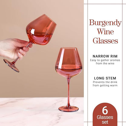Physkoa Rose Colored Wine Glasses Set - 6 x 16oz Bordeaux Wine Glasses With Large & Long Stem, Perfect Gifts for Birthday, Wedding, Bridal Showers