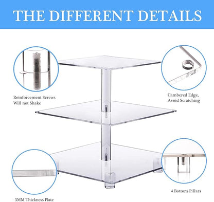 YestBuy 3 Tier Square Cupcake Stand - Premium Cupcake Holder - Acrylic Cupcake Tower Display - Cady Bar Party Décor + LED Light String - Ideal for Weddings, Birthday Parties( Blue Light)