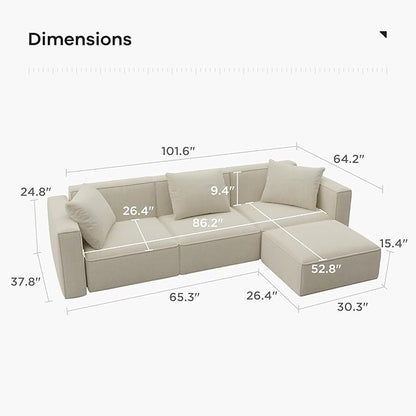 Acanva Luxury Modular Sectional Living Room Sofa Set, Modern Minimalist Style Couch with Ottoman and Chaise, L-Shape, Linen-Like Cream