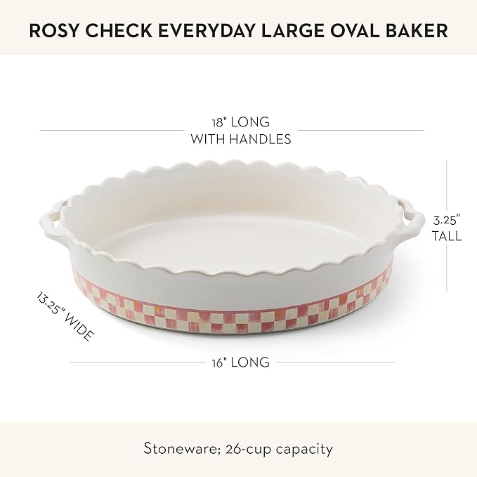MACKENZIE-CHILDS Everyday Oval Casserole Baker, Cute Oven Baker, Large, Pink-and-White Rosy Check