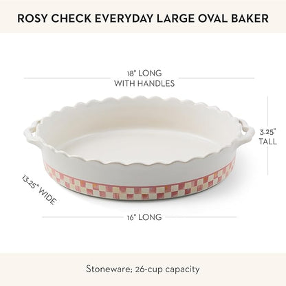 MACKENZIE-CHILDS Everyday Oval Casserole Baker, Cute Oven Baker, Large, Pink-and-White Rosy Check