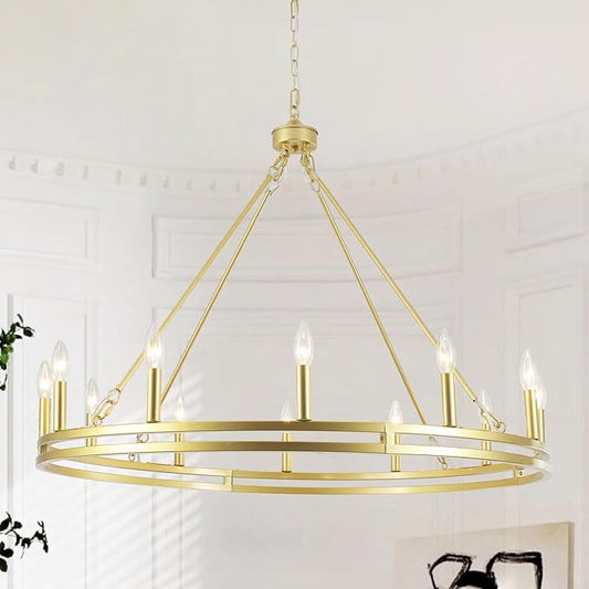 12-Light Wagon Wheel Chandelier 38 inch Large Gold Chandeliers for High Ceilings Round Farmhouse Gold Light Fixtures Over Table Rustic Hanging Light for Dining Room,Foyer,Living Room,Outdoor