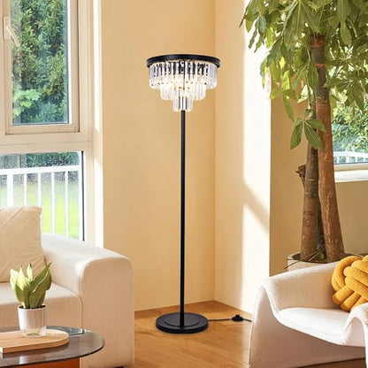 Wellmet 4 Lights Black Floor Lamp, Modern 3 Tiers Crystal Standing Lamp for Living Room Bright Lighting, Elegant Tall Crystal Floor Lamp with Foot Switch for Reading Room, Bedroom, Office (E12 Base)