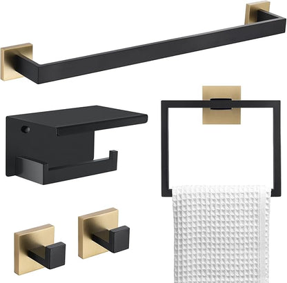 5 Pieces Bathroom Hardware Set Black and Gold Towel Bar Set, Toilet Paper Holder with Shelf, Towel Holder Set in Bathroom, Wall Mounted Stainless Steel, 23.6 Inches