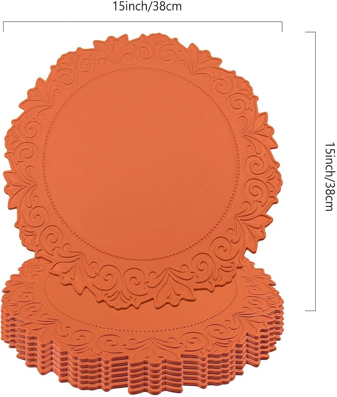 Noctiflorous Round Faux Leather 15 Inch Placemats Set of 6 Waterproof Wipeable Heat Resistant Tablemat for Dining Table Kitchen Non Slip Washable Oilproof Table Place Mat(Pumpkin Orange, 6)