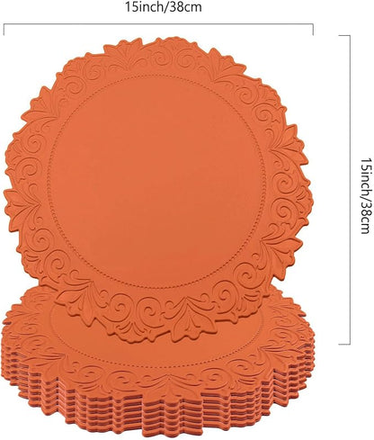 Noctiflorous Round Faux Leather 15 Inch Placemats Set of 6 Waterproof Wipeable Heat Resistant Tablemat for Dining Table Kitchen Non Slip Washable Oilproof Table Place Mat(Pumpkin Orange, 6)