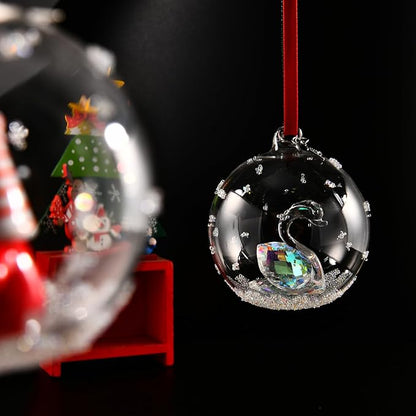 2025 Crystal Clear Glass Ball Christmas Ornament, Modern Tree Decoration with Red Ribbon (Swan)