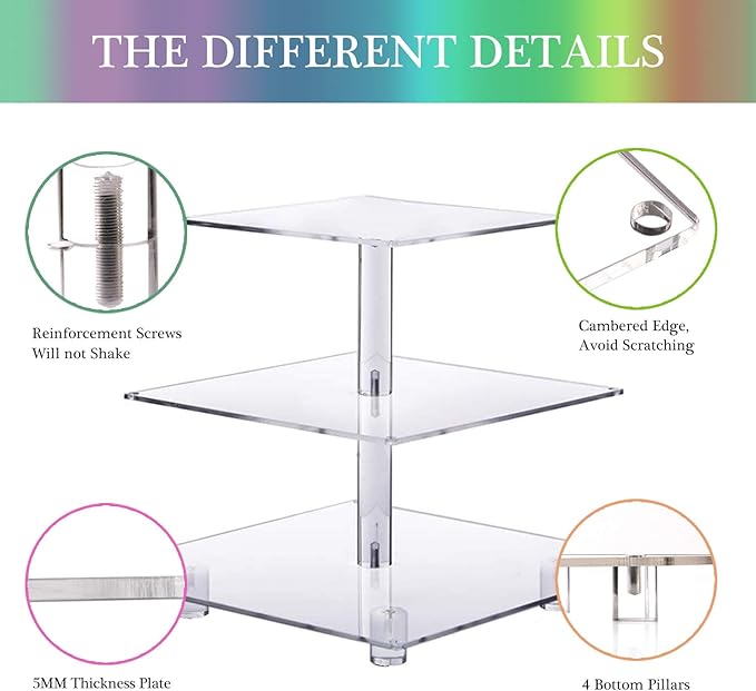 YestBuy 3 Tier Cupcake Stand - Premium Cupcake Holder - Acrylic Cupcake Tower Display - Acrylic Display for Pastry + LED Light String - Ideal for Weddings, Birthday Parties(Multicolored)