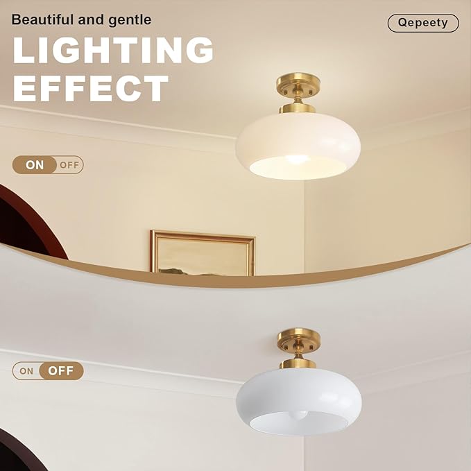 Mid Century Modern Semi Flush Mount Ceiling Light Fixture, Gold with 11.02" Milk White Glass Shade, Vintage Close to Ceiling Lamp for Hallway, Entryway, Bathroom, Closet