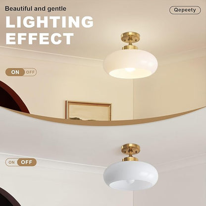 Mid Century Modern Semi Flush Mount Ceiling Light Fixture, Gold with 11.02" Milk White Glass Shade, Vintage Close to Ceiling Lamp for Hallway, Entryway, Bathroom, Closet