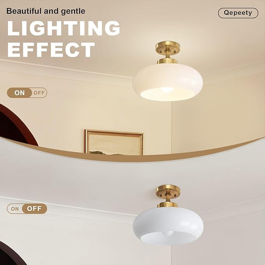 Mid Century Modern Semi Flush Mount Ceiling Light Fixture, Gold with 11.02" Milk White Glass Shade, Vintage Close to Ceiling Lamp for Hallway, Entryway, Bathroom, Closet