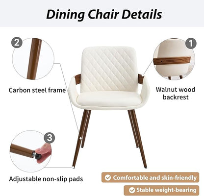 Mid Century Modern Dining Chairs Set of 2 - Faux Leather Dining Room Chairs, Upholstered Kitchen Chair with Arms and Metal Legs - Beige