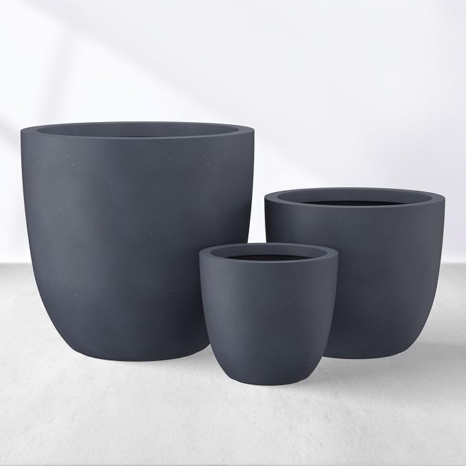 Kante 18",14",10" Dia Concrete Round Planters (Set of 3), Outdoor Indoor Large Planter Pots with Drainage Hole and Rubber Plug for Home Patio Garden, Dark Gray