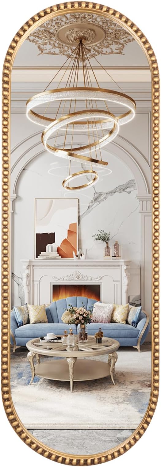 Oval Full Length Wall Mirror, 20"x53" Metal Beaded Frame Large Hanging Dressing Floor Mirror for Bedroom, Living Room, Entryway, Antique Gold (No Stand)