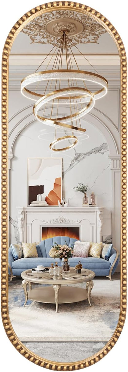 Oval Full Length Wall Mirror, 20"x53" Metal Beaded Frame Large Hanging Dressing Floor Mirror for Bedroom, Living Room, Entryway, Antique Gold (No Stand)