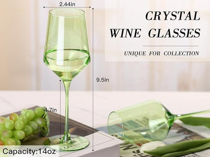 Physkoa Green Wine Glasses Set of 6-15oz Hand Blown Spring Wine Glasses Crystal Colored Glassware with Long Stem, Wedding, Birthday Gift