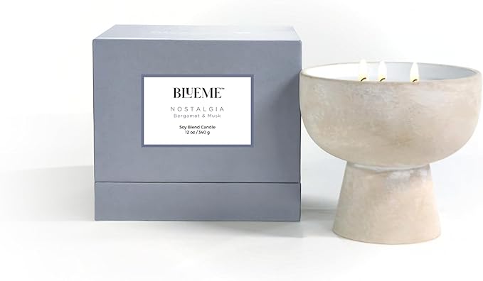 BLUEME Nostalgia - Bergamot & Musk, Luxury Candle w/Essential Oils, 3 Wick, Hand-Poured Soy, Cotton Wick, Ceramic