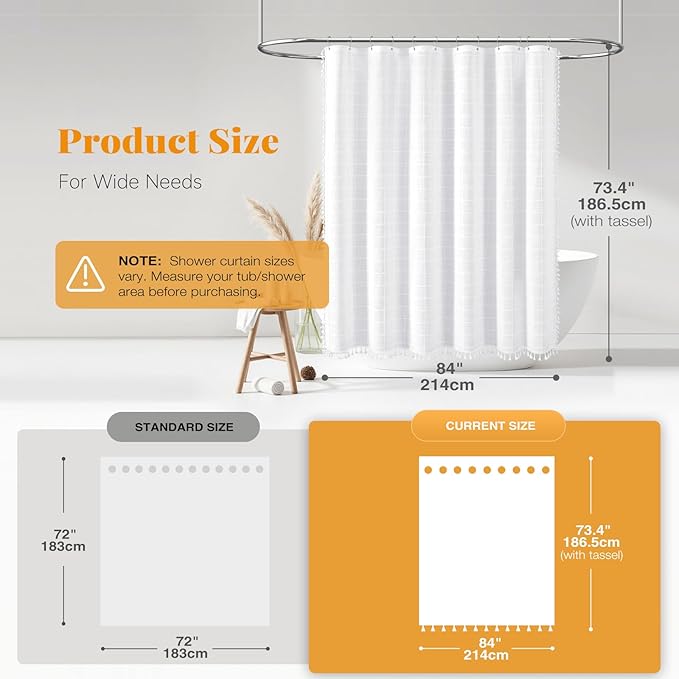 BTTN 84 Inch Wide Shower Curtain - W84xH72 Inch Boho Farmhouse Fabric Linen Shower Curtain Set with 14 Hooks, Large French Country Decorative Water-Resistant Cloth Bath Curtains for Bathroom, White