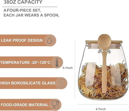 Airtight glass jar storage container with bamboo lid Set of 4, wide mouth, leak-proof, With a spoon, can be used for coffee beans, tea leaves, grains, dried fruits, etc (Large*4PCS)