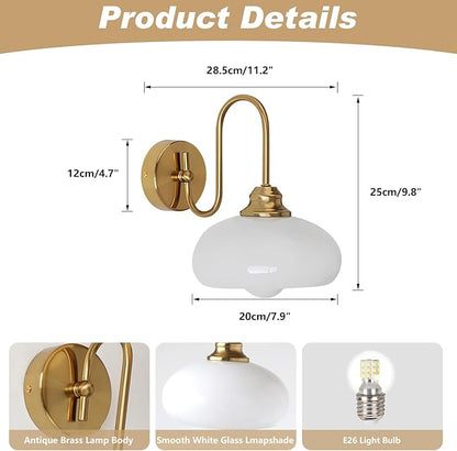 KCO Lighting Brushed Gold Wall Sconces Set of Two Milk Glass Wall Sconce Mid Century Modern Wall Sconce Frosted Globe Vanity Light Bathroom Sconces Wall Lighting Set of 2