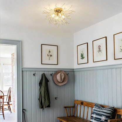 HMVPL Gold Crystal Flush Mount Ceiling Light, 4-Light Brass Mini Chandelier Light Fixture,Modern Sputnik Ceiling Light,Golden Light Fixture for Hallway Kitchen Foyer Nursery Closet Bedroom Dining Room