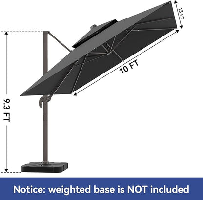 10x13FT Cantilever Outdoor Patio Umbrellas, Double Top Large Rectangle Umbrella, Heavy Duty 360° Rotation Offset Outdoor Sun Shade Umbrella for Garden Deck Pool Backyard Patio, Grey