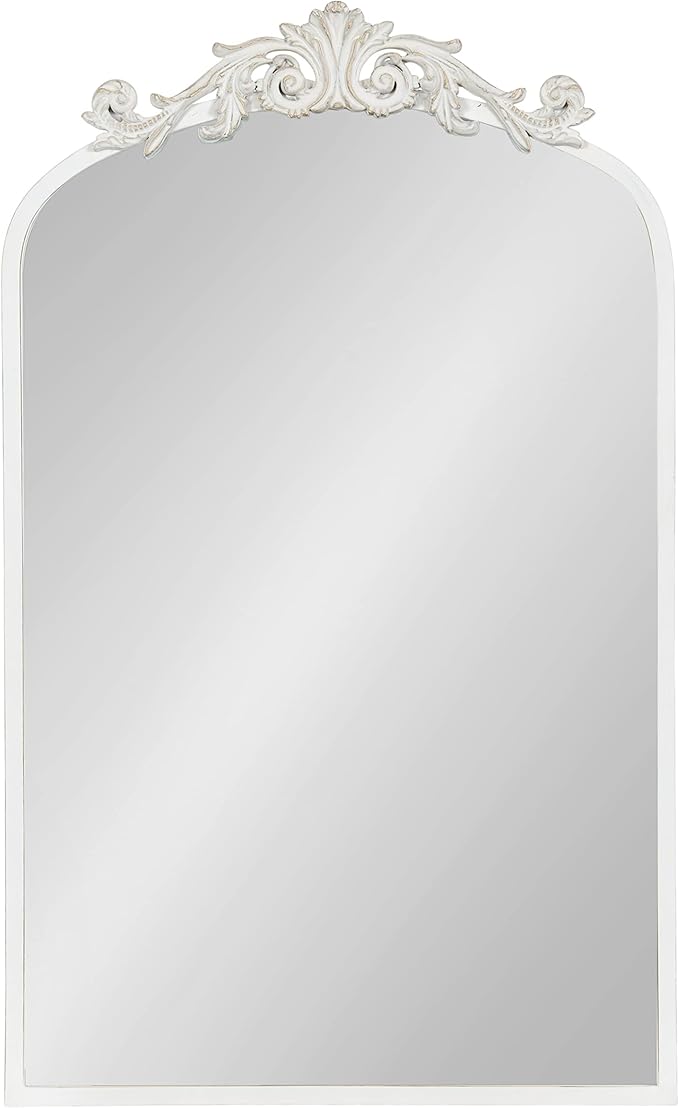 Kate and Laurel Arendahl Traditional Arch Wall Mirror; 19 x 31; Antique White; Vintage Glam Baroque-Inspired Arched Bathroom Vanity Mirror with Ornate Crown