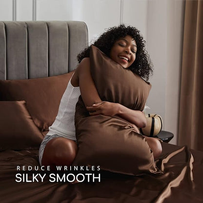 MR&HM Satin Bed Sheets, Queen Size Sheets Set, 6 Pcs Silky Bedding Set with 15 Inches Deep Pocket for Mattress (Queen, Brown)