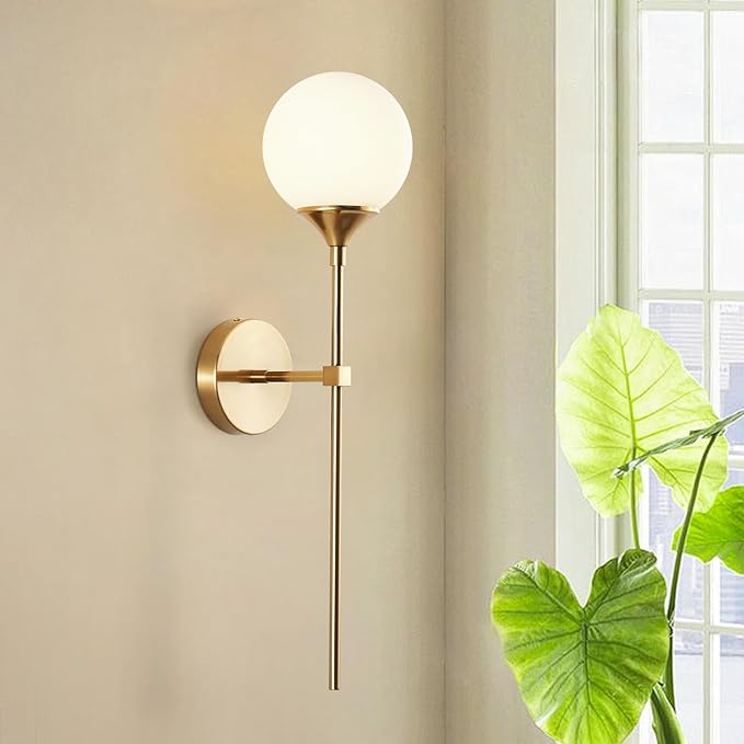 KCO Lighting Modern Milk Glass Wall Mounted Light Gold Long Sconces Wall Lighting Globe Ball Round Wall Lamp Bathroom Bar Stairway Wall Light Fixture Brushed Brass Wall Sconce
