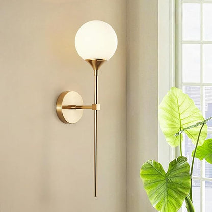 KCO Lighting Modern Milk Glass Wall Mounted Light Gold Long Sconces Wall Lighting Globe Ball Round Wall Lamp Bathroom Bar Stairway Wall Light Fixture Brushed Brass Wall Sconce