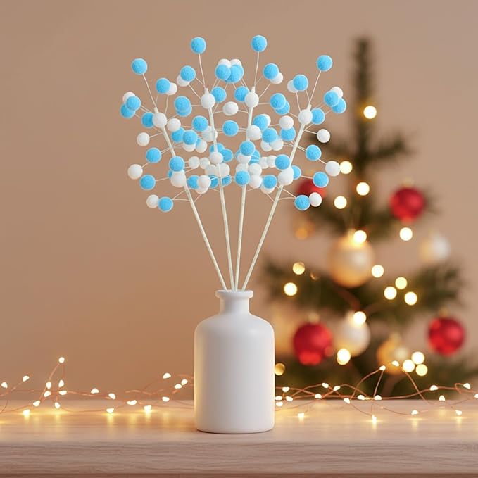 6 Pcs Blue White Pom Poms Christmas Decorations & Felt Christmas Picks and Sprays DIY Xmas Tree Toppers, Festive Tree Filler & Decor (BlueWhite)