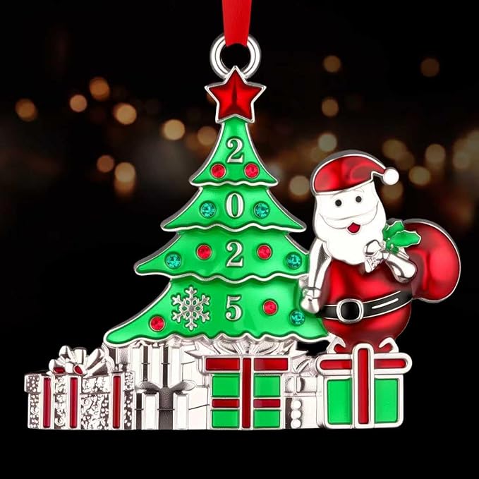 Christmas Ornament 2025 for Christmas Tree Hanging Decorations, Christmas Tree and Santa Claus Decorative Pendants, Dated 2025 Metal Xmas Ornament for Holiday Decorative Keepsake Gift