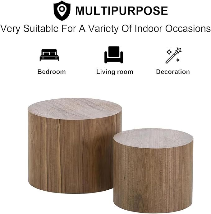 Nesting Coffee Table Set of 2, Modern Round Coffee Table with Non-Slip Feet, Walnut Wooden Circle Accent Tables for Small Spaces Living Room Bedroom Balcony Office Drum Side Table (Walnut)