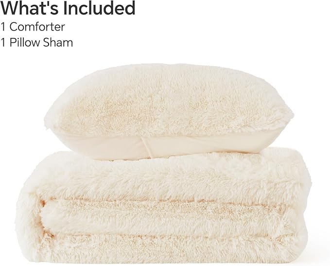 BEDELITE White Fluffy Comforter Set Twin Size, Fuzzy Faux Fur Comforter Bedding Set, 2Pieces Soft Warm Shaggy Bed Set (1 Comforter & 1 Pillowcase) as Gifts for Women