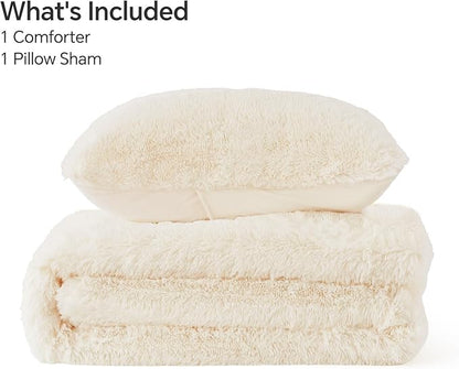 BEDELITE White Fluffy Comforter Set Twin Size, Fuzzy Faux Fur Comforter Bedding Set, 2Pieces Soft Warm Shaggy Bed Set (1 Comforter & 1 Pillowcase) as Gifts for Women