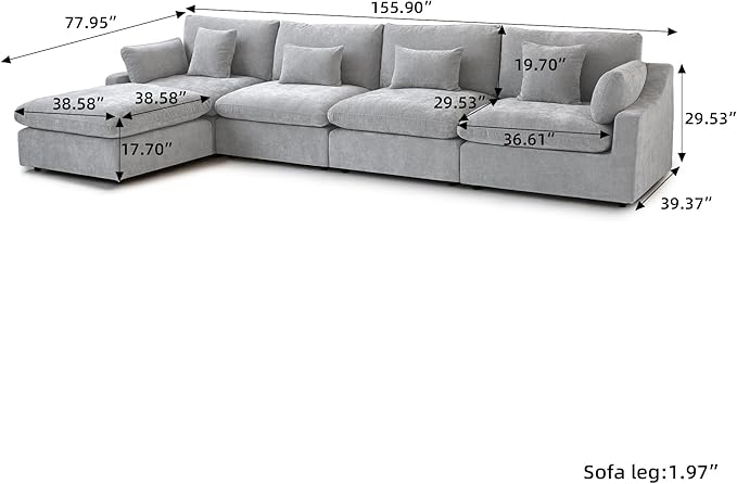 Cloud Couch Modular Sectional Sofa,156" L Shaped Couch, Oversized Down Filled Convertible Wide Seater,4 Seater with Ottoman for Living Room Set, Covers Washable&Replaceable,Grey