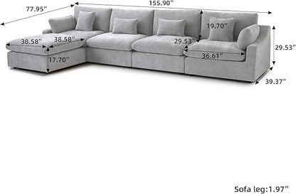 Cloud Couch Modular Sectional Sofa,156" L Shaped Couch, Oversized Down Filled Convertible Wide Seater,4 Seater with Ottoman for Living Room Set, Covers Washable&Replaceable,Grey