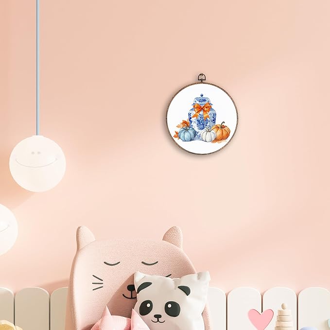 Hxlac Chinoiserie Pumpkin Fall Round Wall Art Framed, Blue and White Porcelain Pumpkin Round Wall Decor, Coquette Bow Chinoiserie Hanging Canvas Prints Wall Sculptures for Home Room Decor, 10x10 Inch