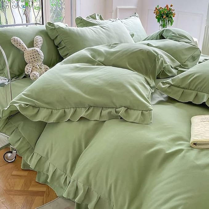 CLOTHKNOW Green Ruffles Queen Comforter Set 3Pcs Farmhouse Bedding Comforter Sets Soft Sage Green Comforter with 2 x Pillow Cases