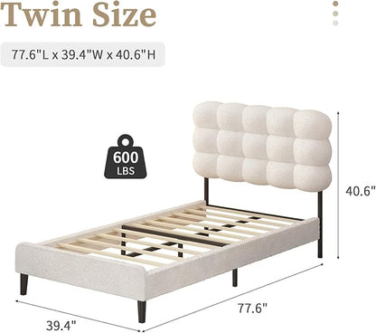 BarnFurin Twin Bed Frame, Platform Bed with Upholstered Headboard, Teddy Soft Boucle Fabric Bed Frame with Wooden Slats Support, Two Bed Forms Design, No Boxing Spring Needed, Easy Assembly, White