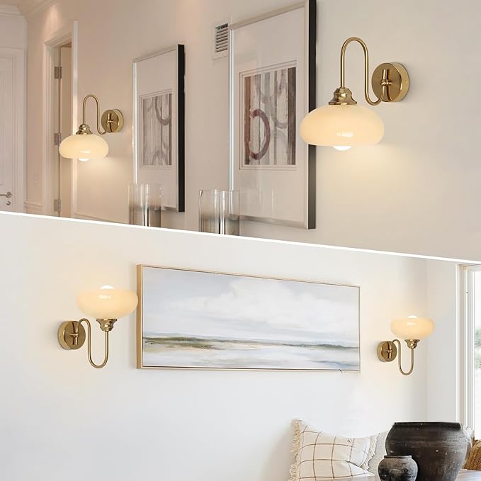 KCO Lighting Brass Gold Wall Sconces Set of 2 Mid Century Glass Wall Sconces Set of Two Modern Globe Wall Light Round Wall Light Bedroom Fixtures 2 Pack