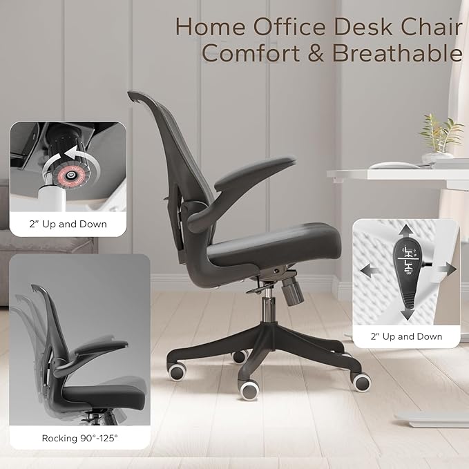 Ergonomic Office Chair with Adjustable Lumbar Support & Flip-Up Armrests - High Back Desk Chair with Thickened Seat Cushion, Rolling Wheels for Home/Office Study Work (01Blcak)