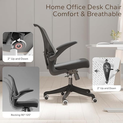 Ergonomic Office Chair with Adjustable Lumbar Support & Flip-Up Armrests - High Back Desk Chair with Thickened Seat Cushion, Rolling Wheels for Home/Office Study Work (01Blcak)