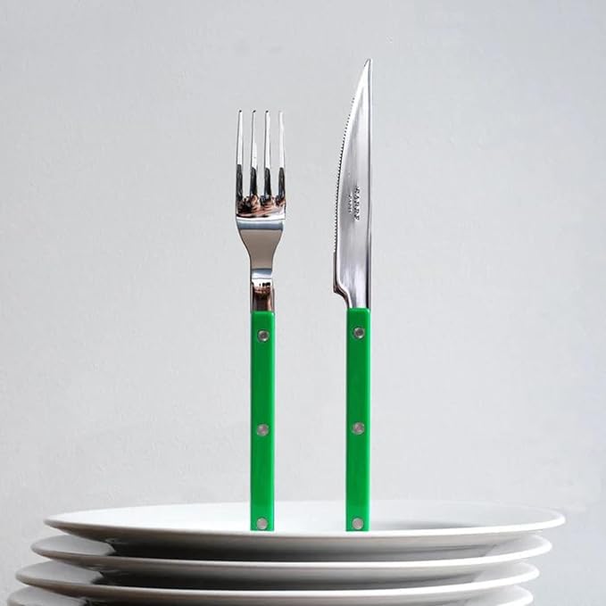 5-Piece Flatware Set - Bistrot Collection - Knife, Fork, Soup Spoon, Teaspoon & Dessert Fork - Stainless Steel & Nylon - Dishwasher Safe - Garden Green - Brilliant Finish