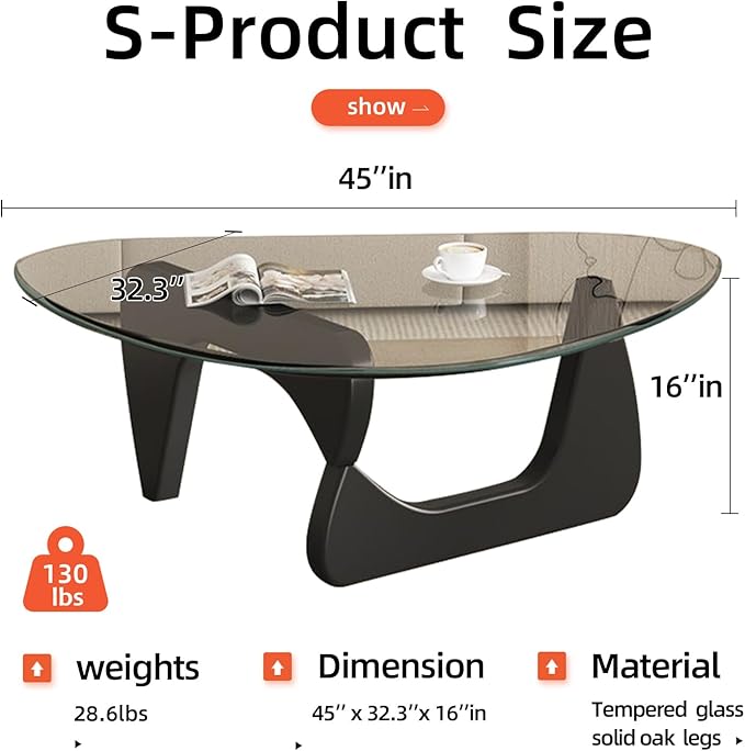 Mid Century Modern Glass Coffee Table, Black Coffee Table for Living Room, Elegant and Functional Coffee Tables,Suitable for Bedroom Living Room Reception Office Tables（Black/Transparent，Large）